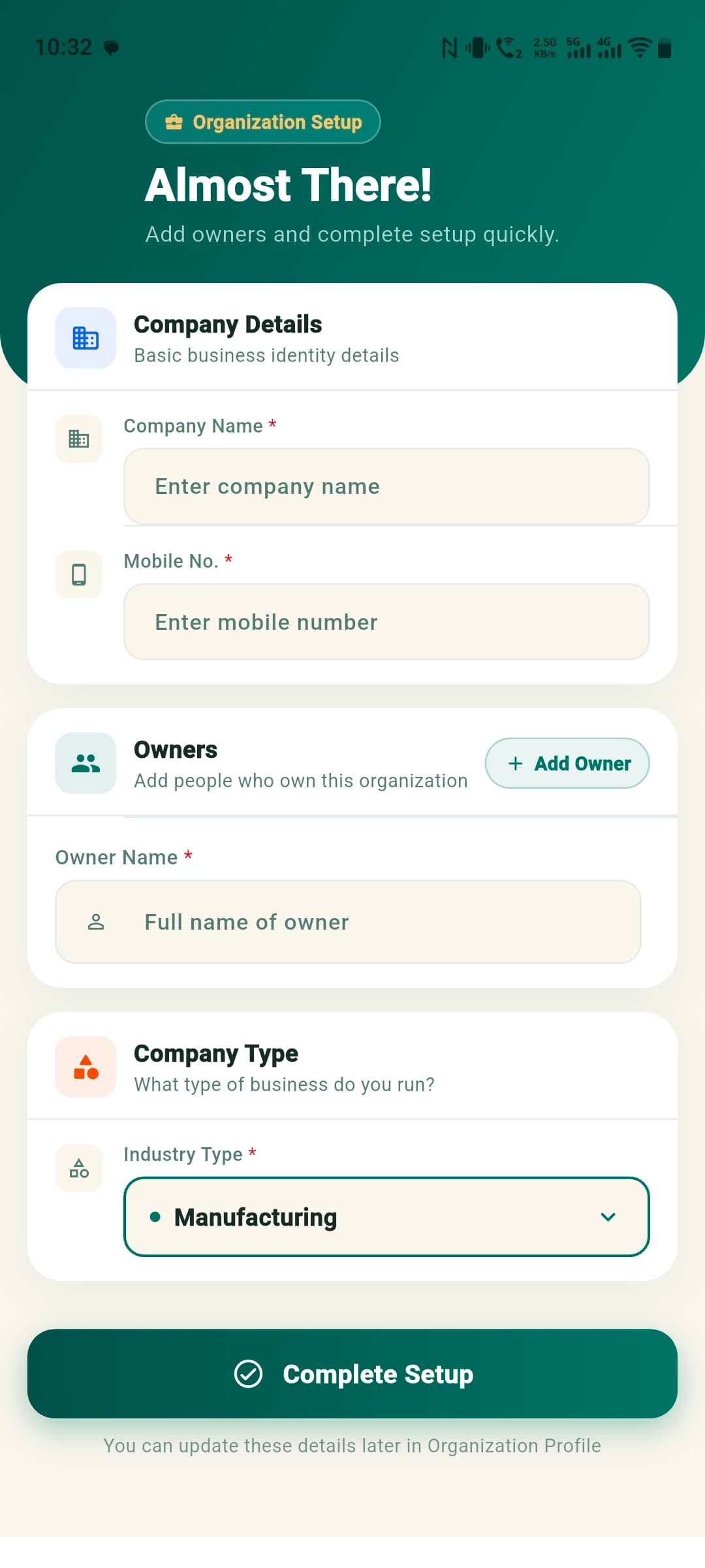 Company Creation Screen screenshot