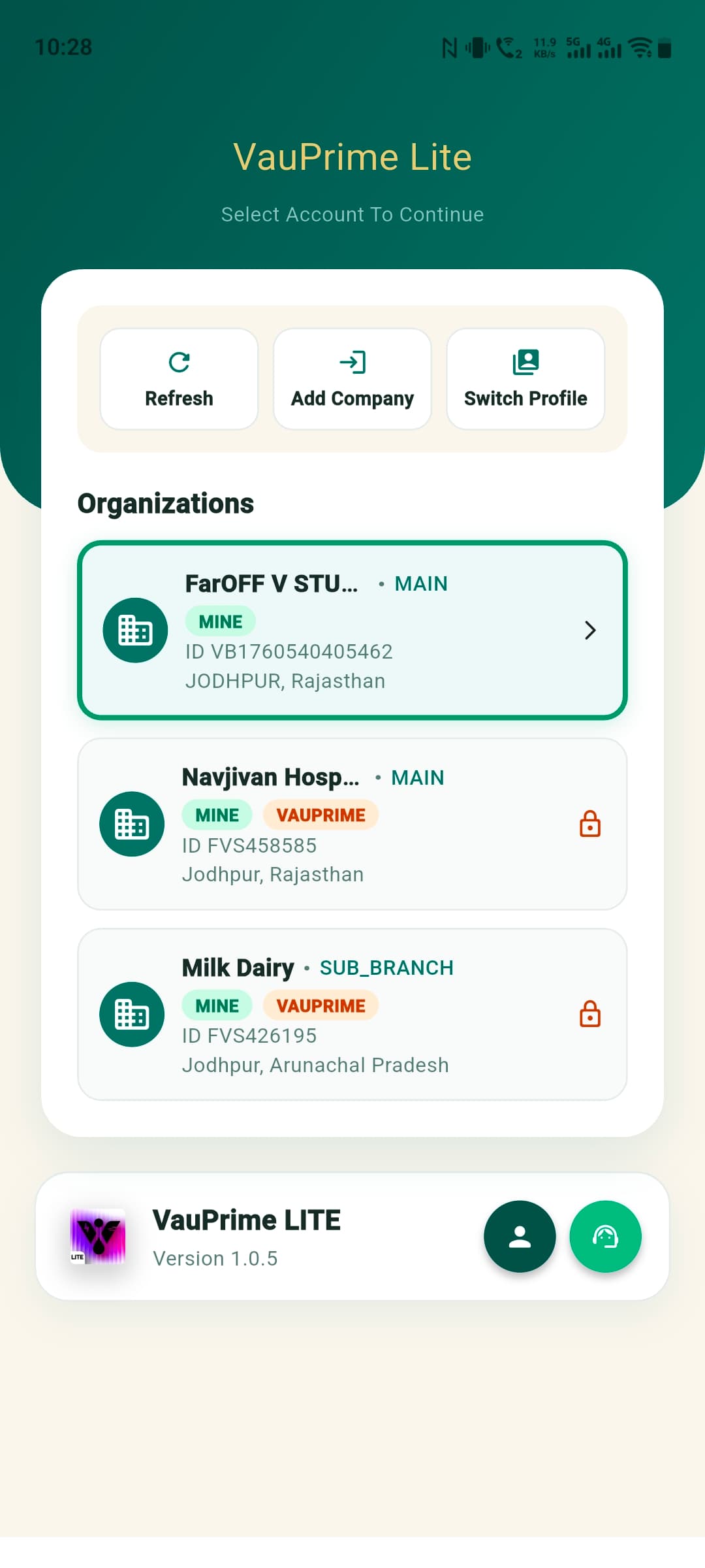 Select Company Screen screenshot